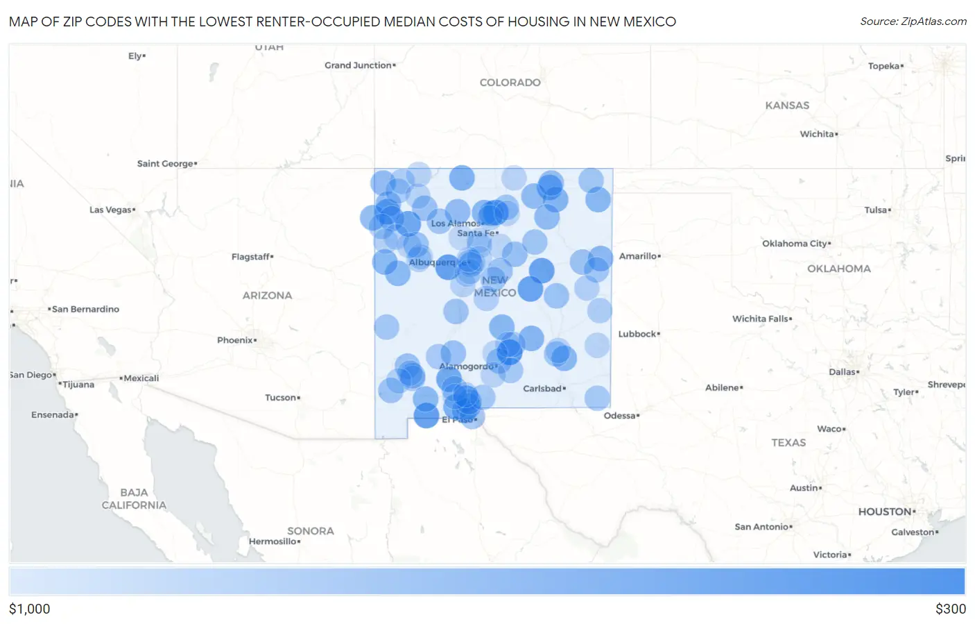 Zip Codes with the Lowest Renter-Occupied Median Costs of Housing in New Mexico Map