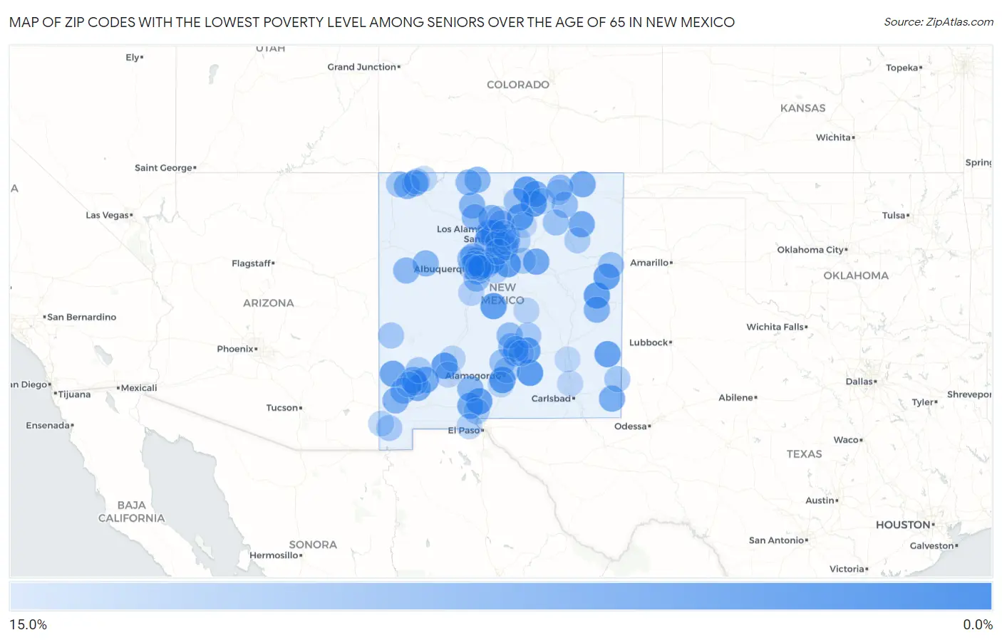 Zip Codes with the Lowest Poverty Level Among Seniors Over the Age of 65 in New Mexico Map