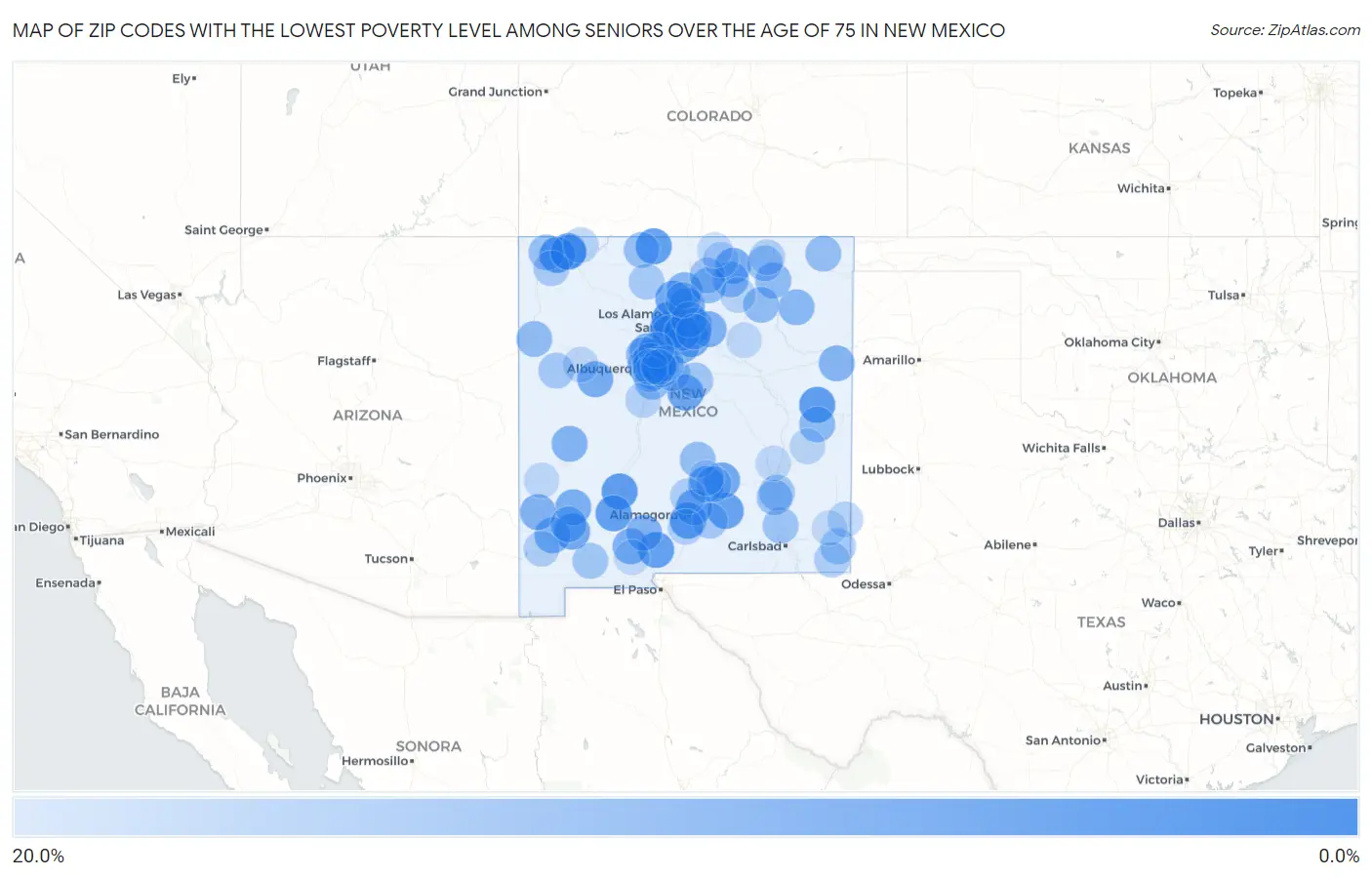 Zip Codes with the Lowest Poverty Level Among Seniors Over the Age of 75 in New Mexico Map