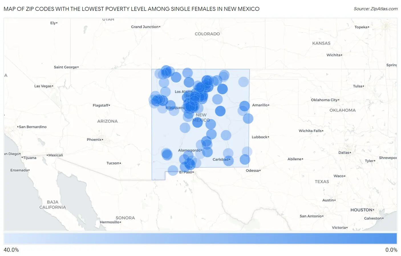 Zip Codes with the Lowest Poverty Level Among Single Females in New Mexico Map