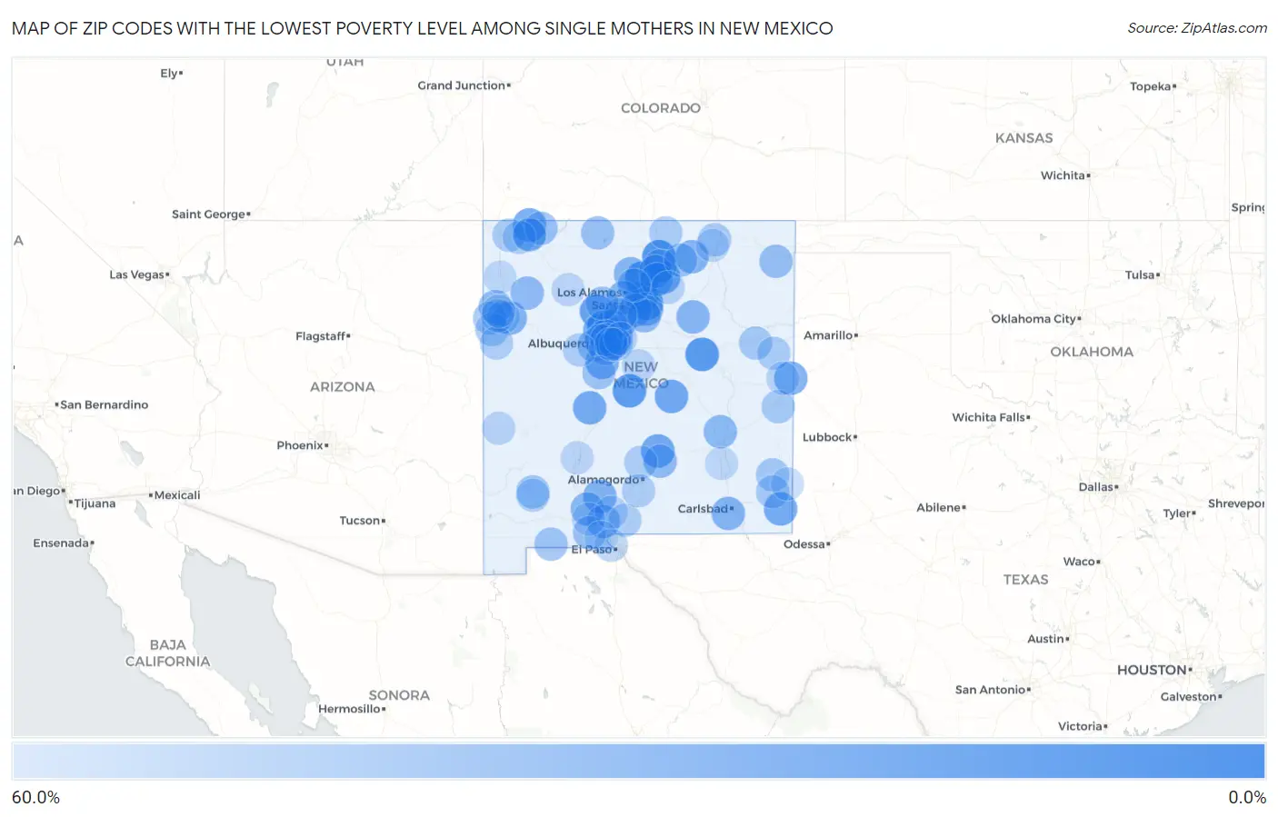 Zip Codes with the Lowest Poverty Level Among Single Mothers in New Mexico Map
