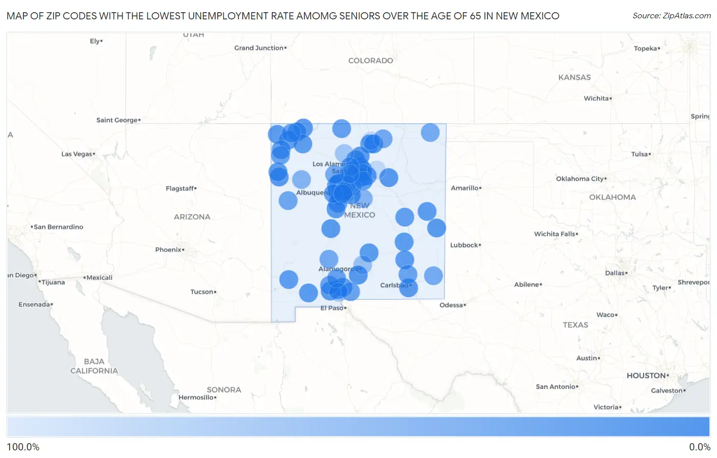 Zip Codes with the Lowest Unemployment Rate Amomg Seniors Over the Age of 65 in New Mexico Map