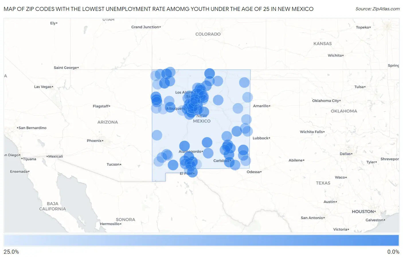 Zip Codes with the Lowest Unemployment Rate Amomg Youth Under the Age of 25 in New Mexico Map