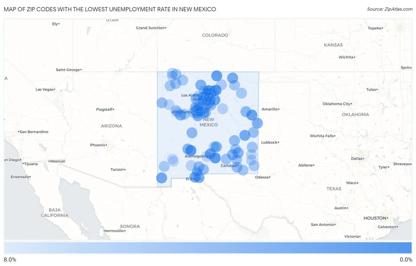 Zip Codes with the Lowest Unemployment Rate in New Mexico Map