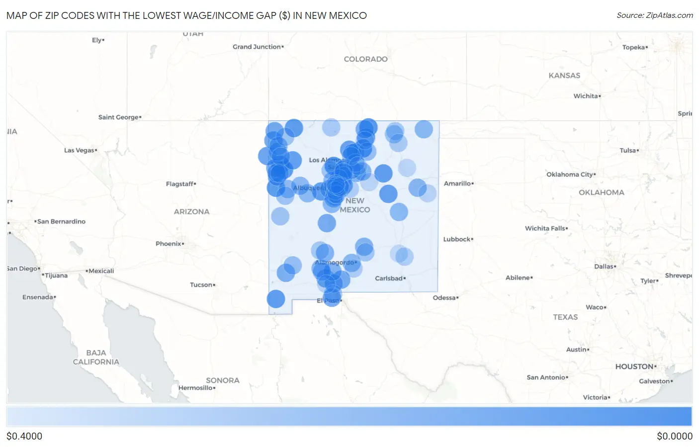 Zip Codes with the Lowest Wage/Income Gap ($) in New Mexico Map
