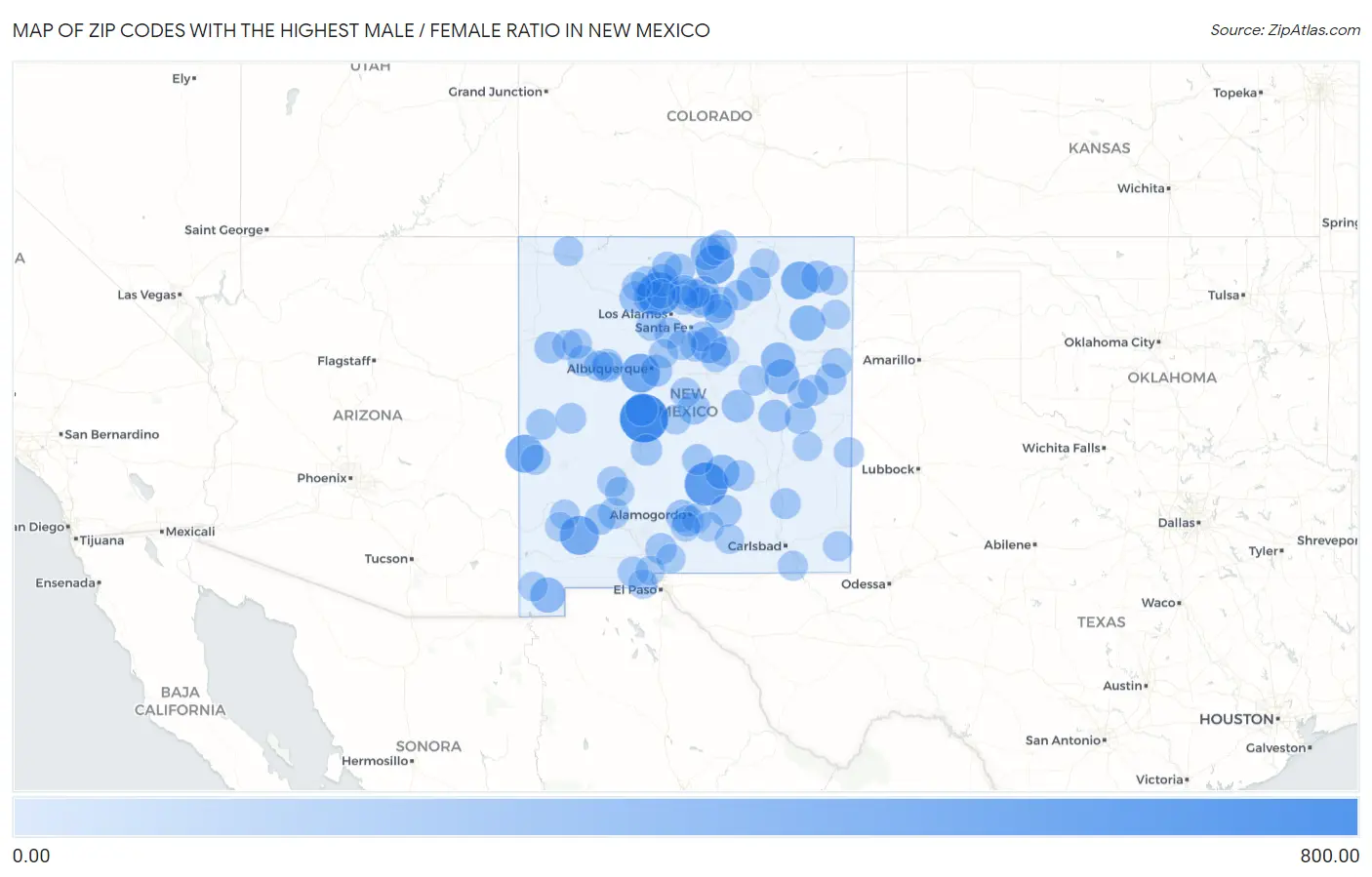 Zip Codes with the Highest Male / Female Ratio in New Mexico Map