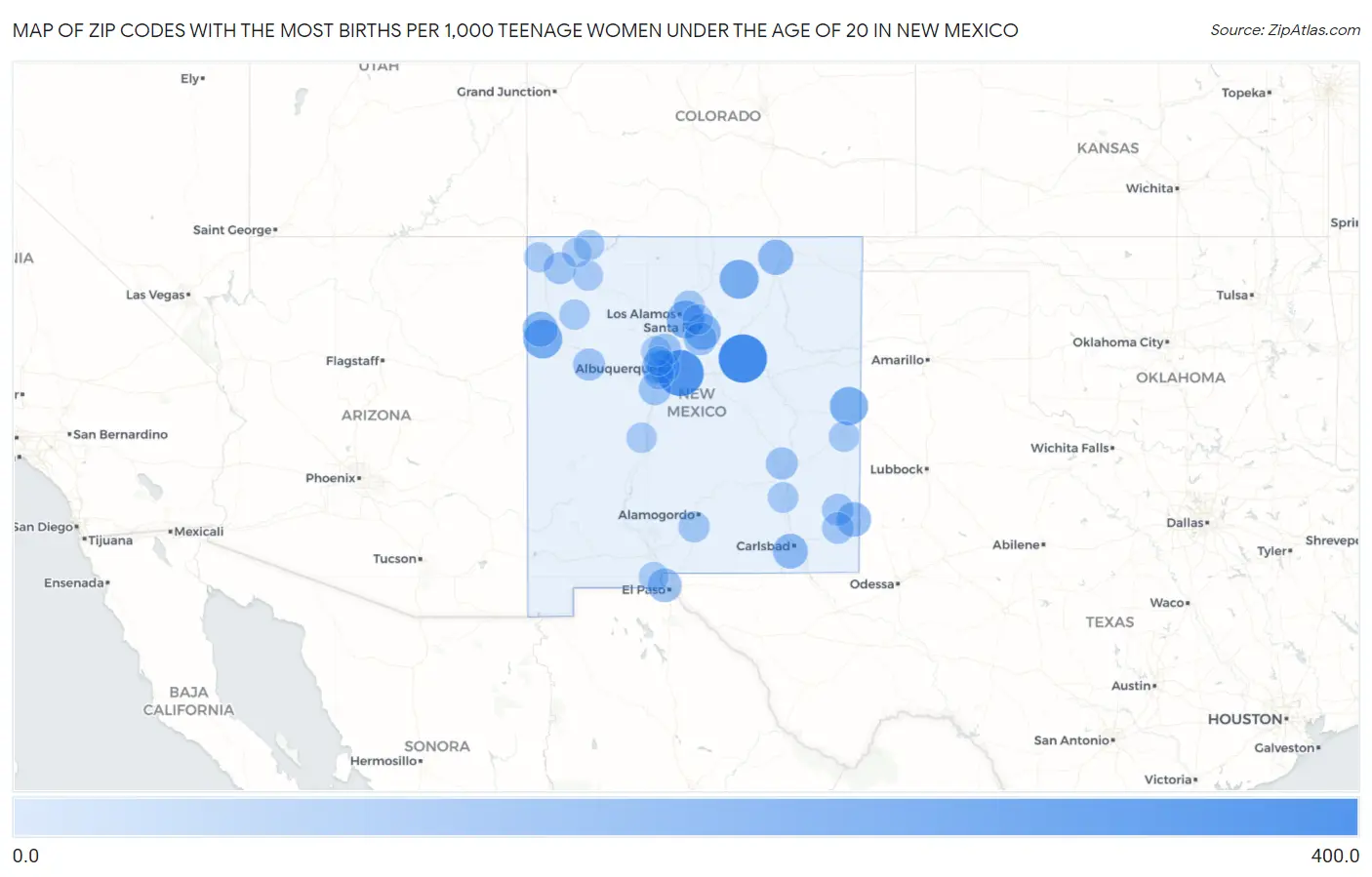 Zip Codes with the Most Births per 1,000 Teenage Women Under the Age of 20 in New Mexico Map