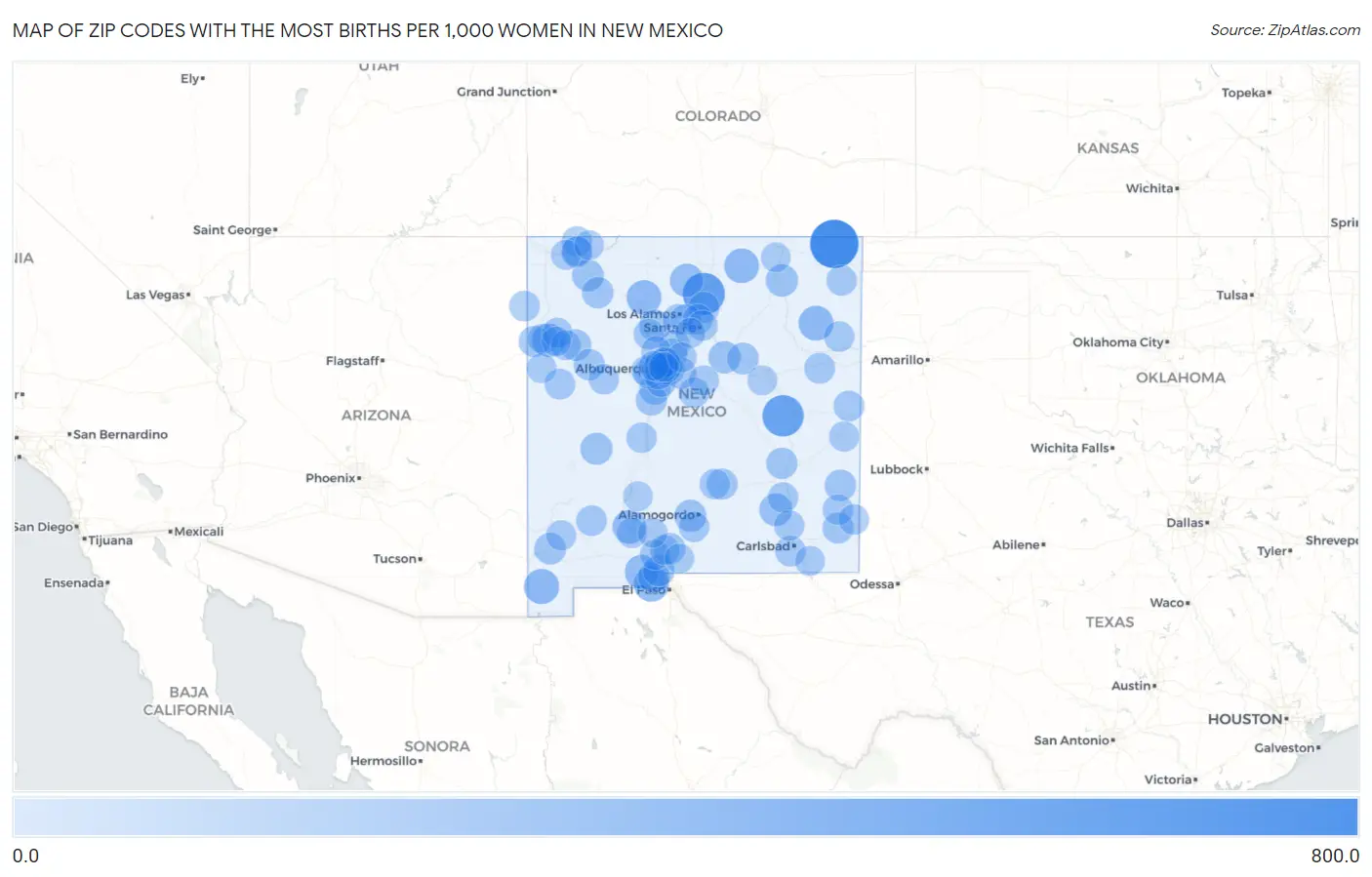 Zip Codes with the Most Births per 1,000 Women in New Mexico Map