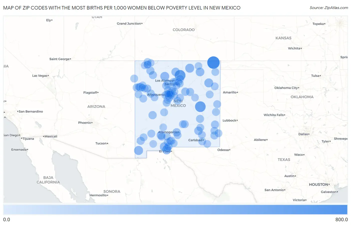 Zip Codes with the Most Births per 1,000 Women Below Poverty Level in New Mexico Map