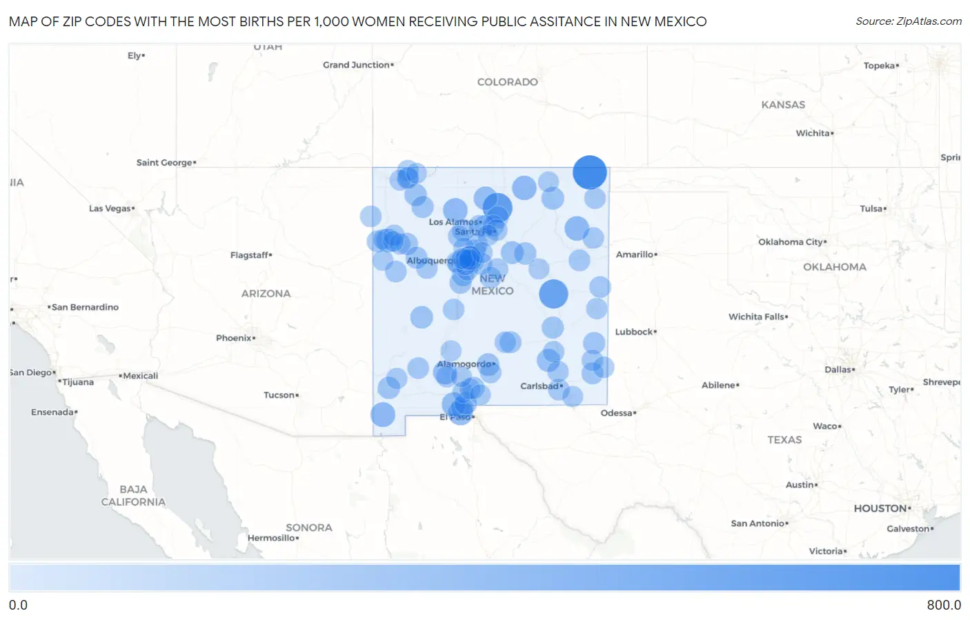 Zip Codes with the Most Births per 1,000 Women Receiving Public Assitance in New Mexico Map