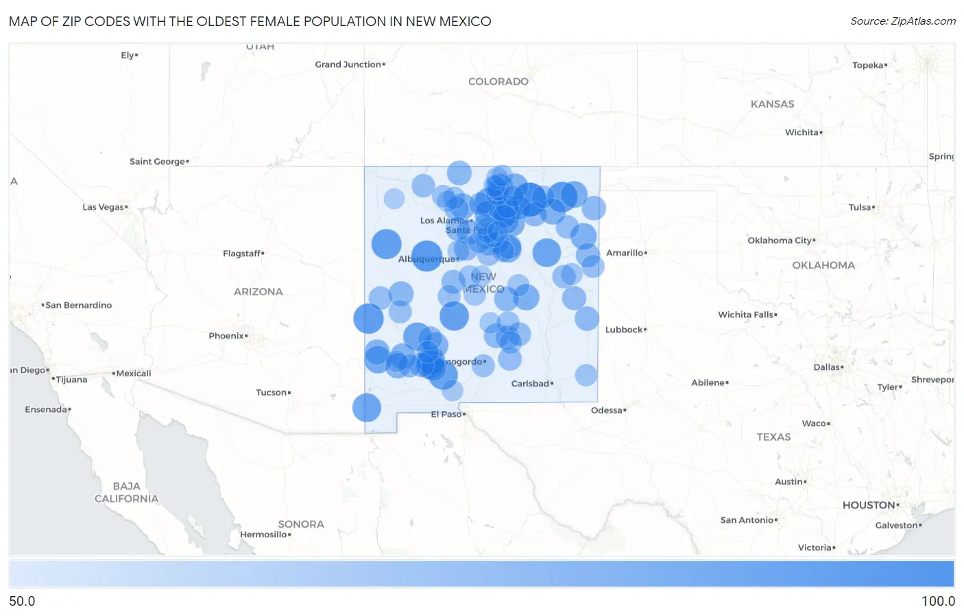 Zip Codes with the Oldest Female Population in New Mexico Map