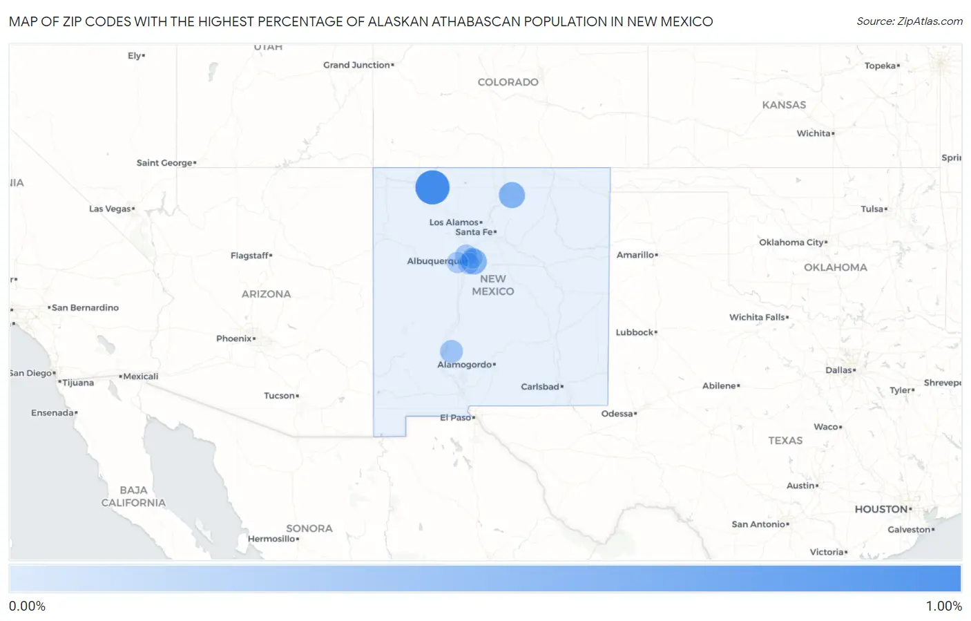 Zip Codes with the Highest Percentage of Alaskan Athabascan Population in New Mexico Map