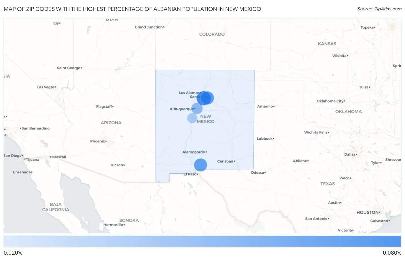 Zip Codes with the Highest Percentage of Albanian Population in New Mexico Map