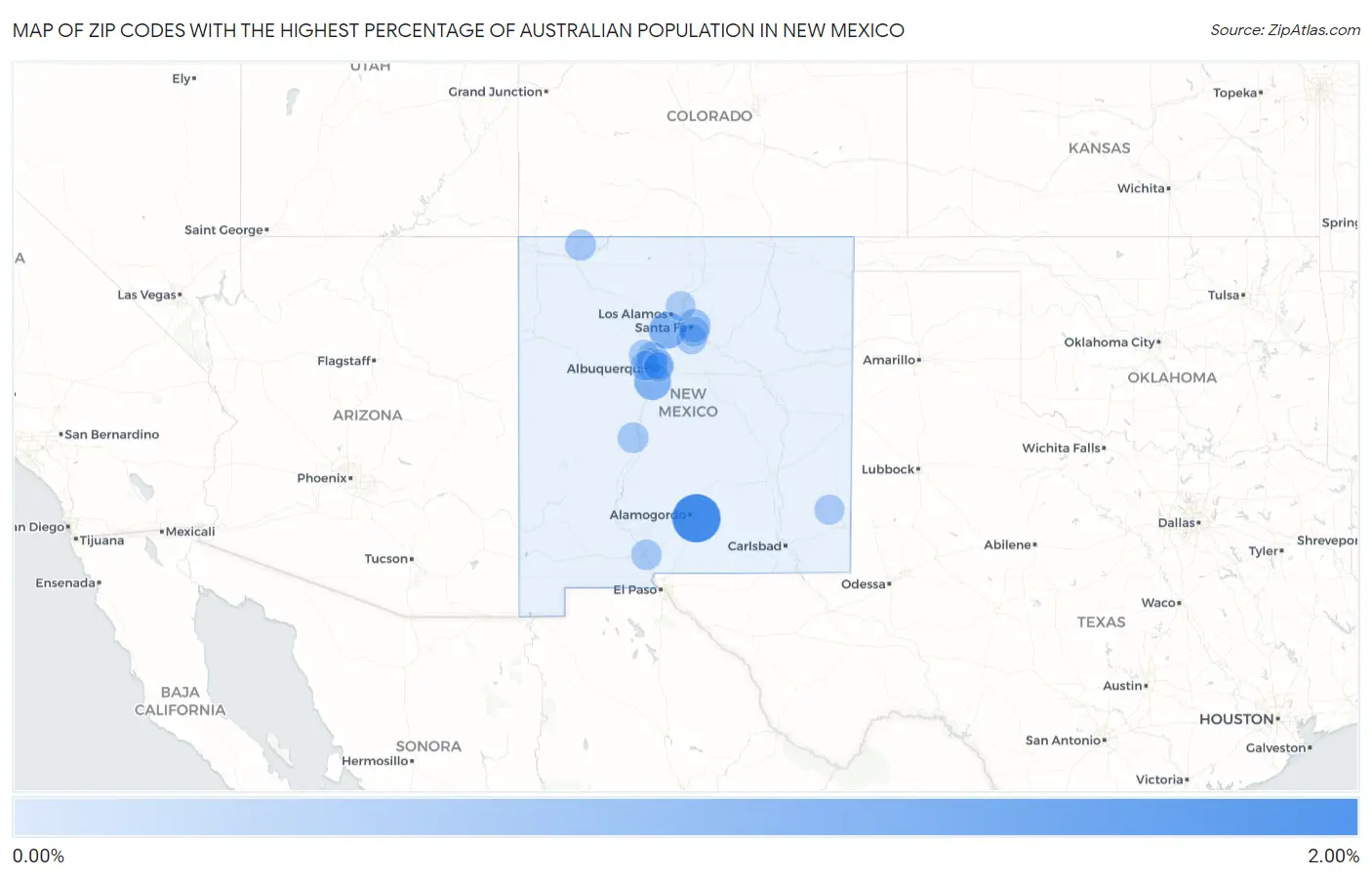 Zip Codes with the Highest Percentage of Australian Population in New Mexico Map