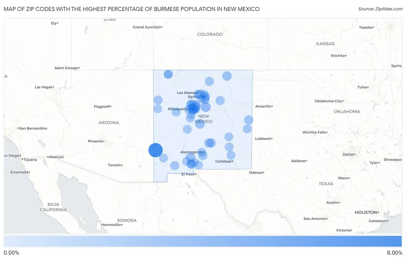 Zip Codes with the Highest Percentage of Burmese Population in New Mexico Map