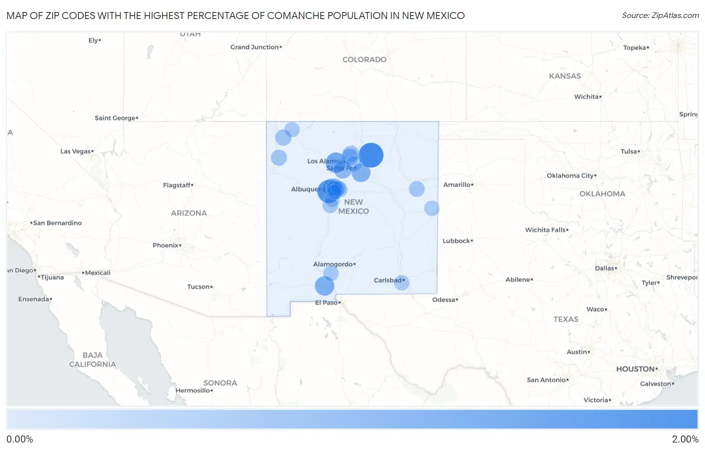 Zip Codes with the Highest Percentage of Comanche Population in New Mexico Map