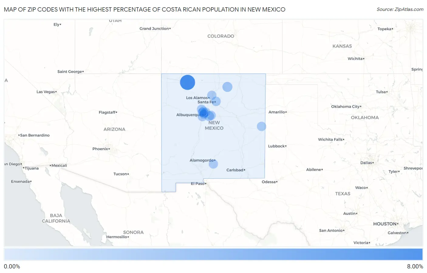 Zip Codes with the Highest Percentage of Costa Rican Population in New Mexico Map
