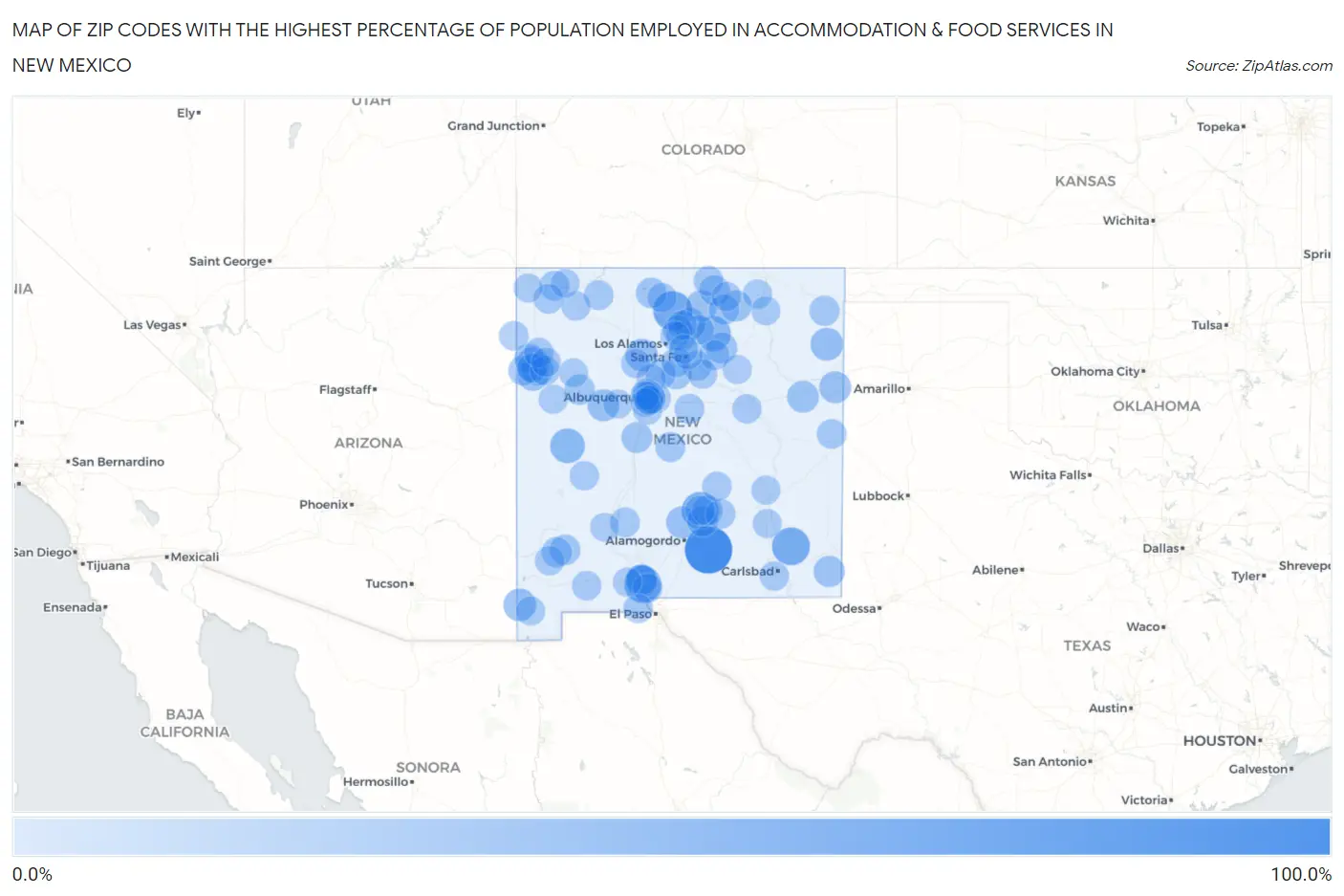 Zip Codes with the Highest Percentage of Population Employed in Accommodation & Food Services in New Mexico Map