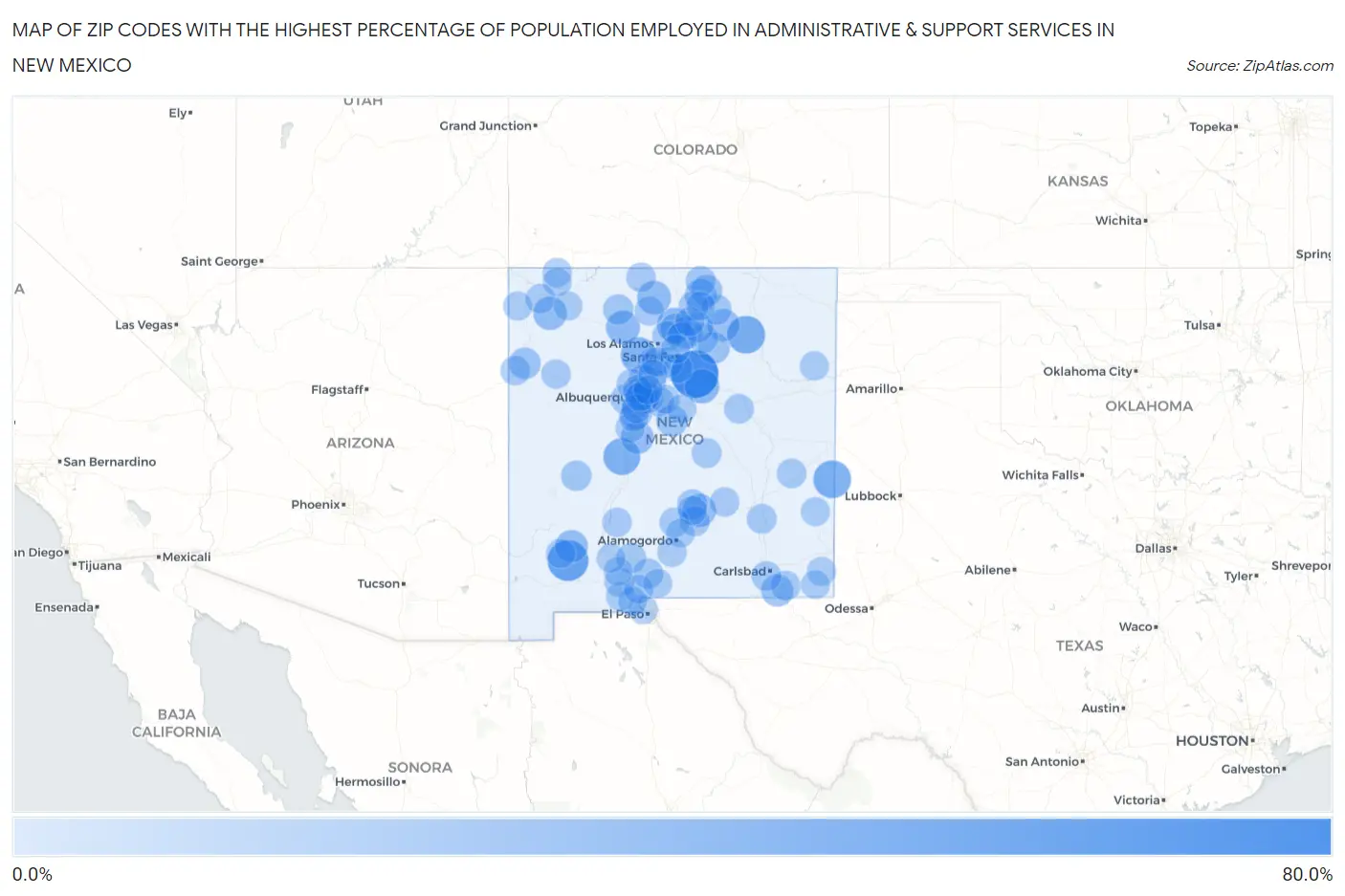 Zip Codes with the Highest Percentage of Population Employed in Administrative & Support Services in New Mexico Map