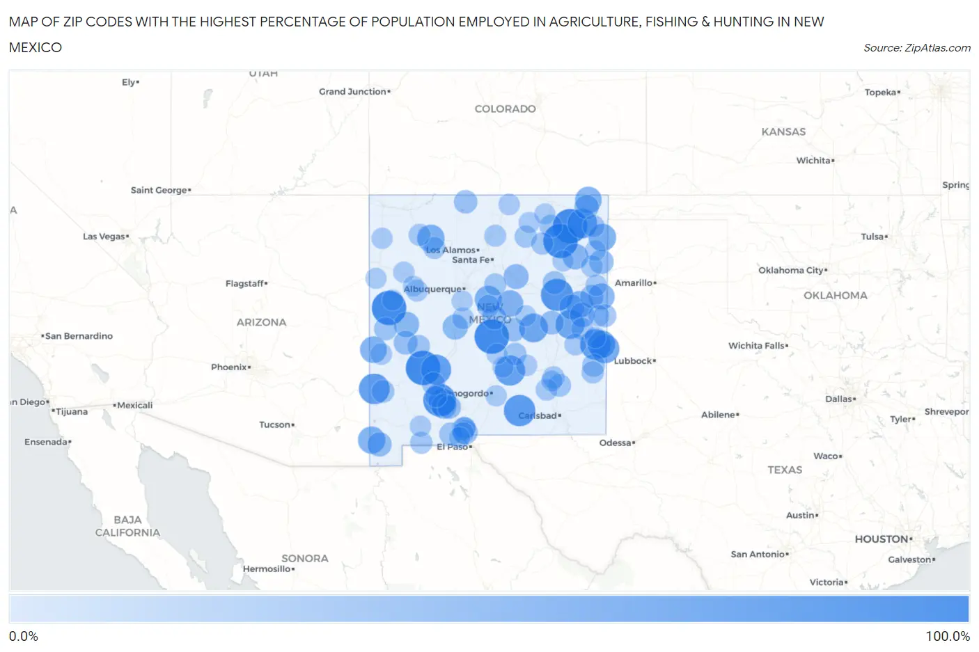 Zip Codes with the Highest Percentage of Population Employed in Agriculture, Fishing & Hunting in New Mexico Map