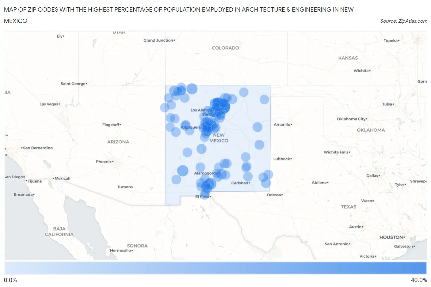 Zip Codes with the Highest Percentage of Population Employed in Architecture & Engineering in New Mexico Map