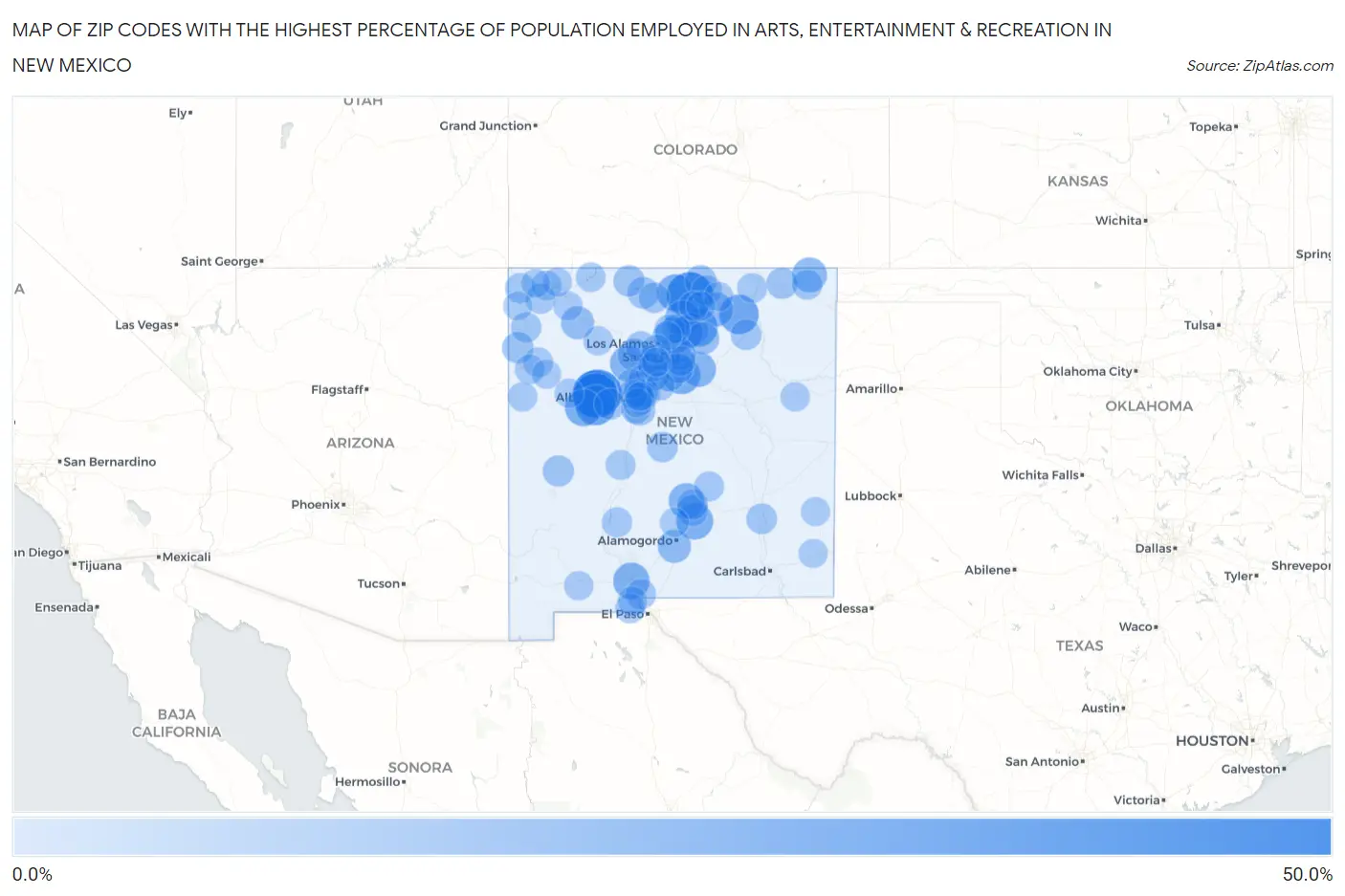 Zip Codes with the Highest Percentage of Population Employed in Arts, Entertainment & Recreation in New Mexico Map