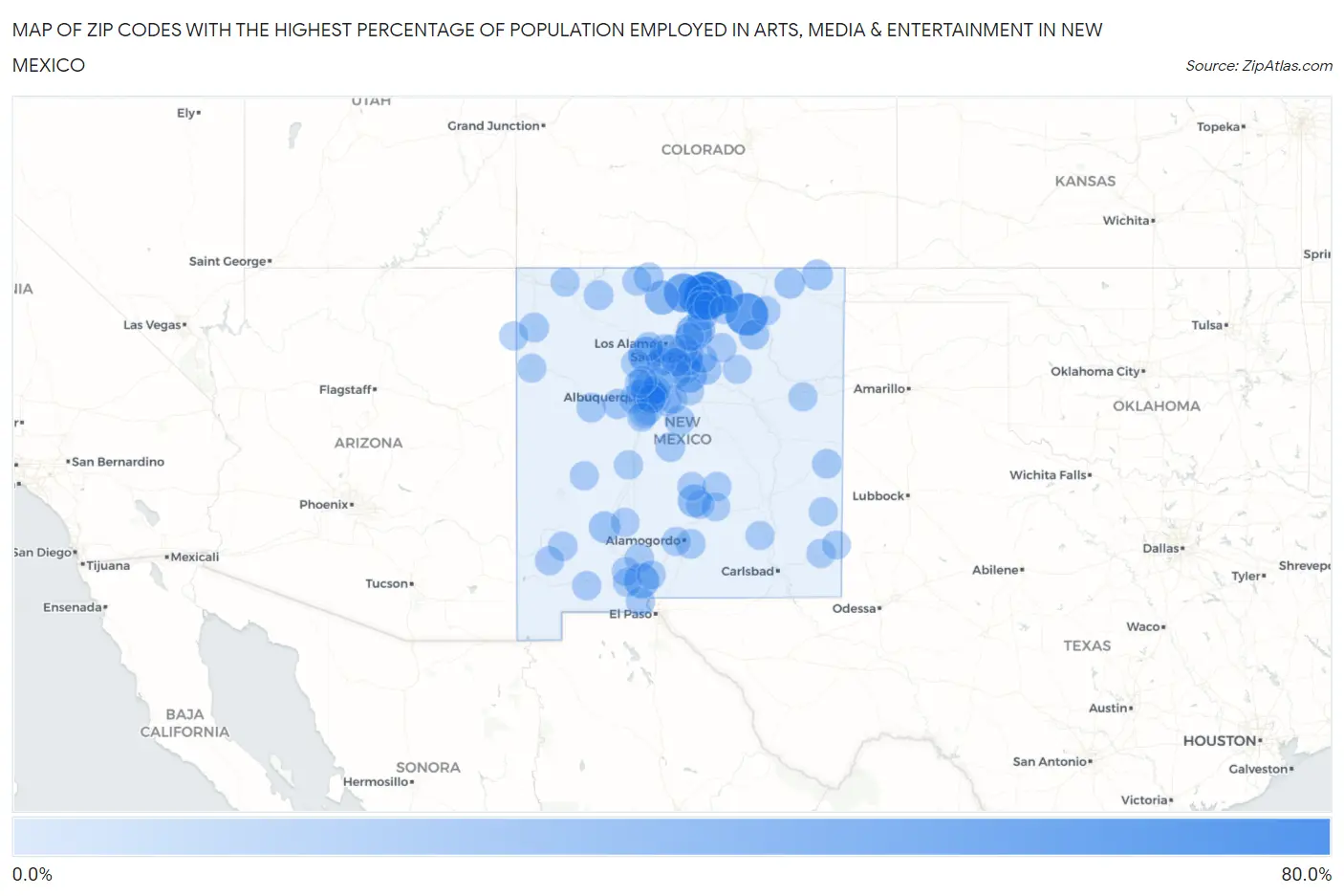 Zip Codes with the Highest Percentage of Population Employed in Arts, Media & Entertainment in New Mexico Map