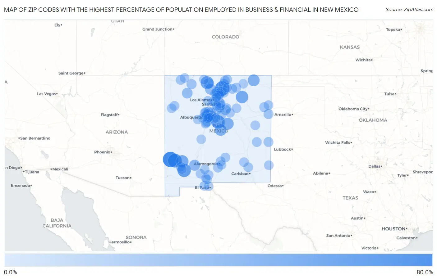 Zip Codes with the Highest Percentage of Population Employed in Business & Financial in New Mexico Map