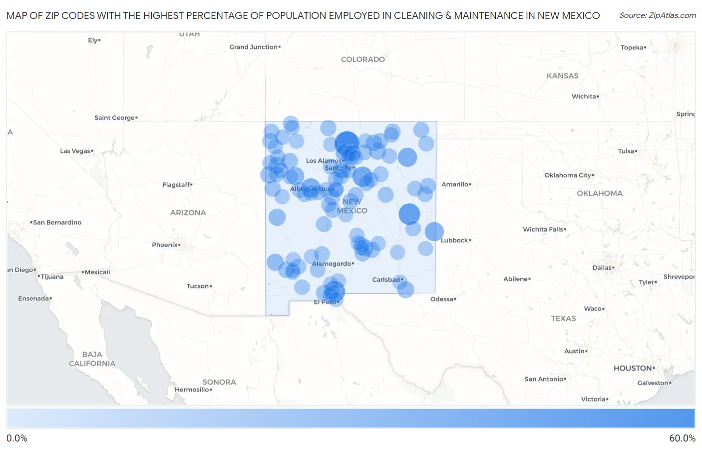 Zip Codes with the Highest Percentage of Population Employed in Cleaning & Maintenance in New Mexico Map