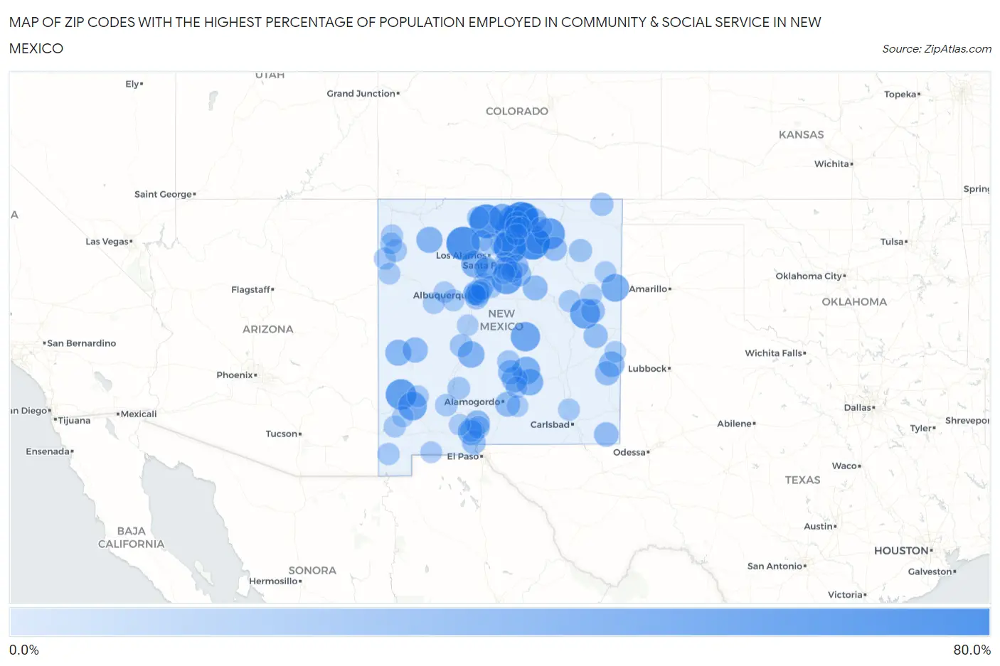 Zip Codes with the Highest Percentage of Population Employed in Community & Social Service  in New Mexico Map