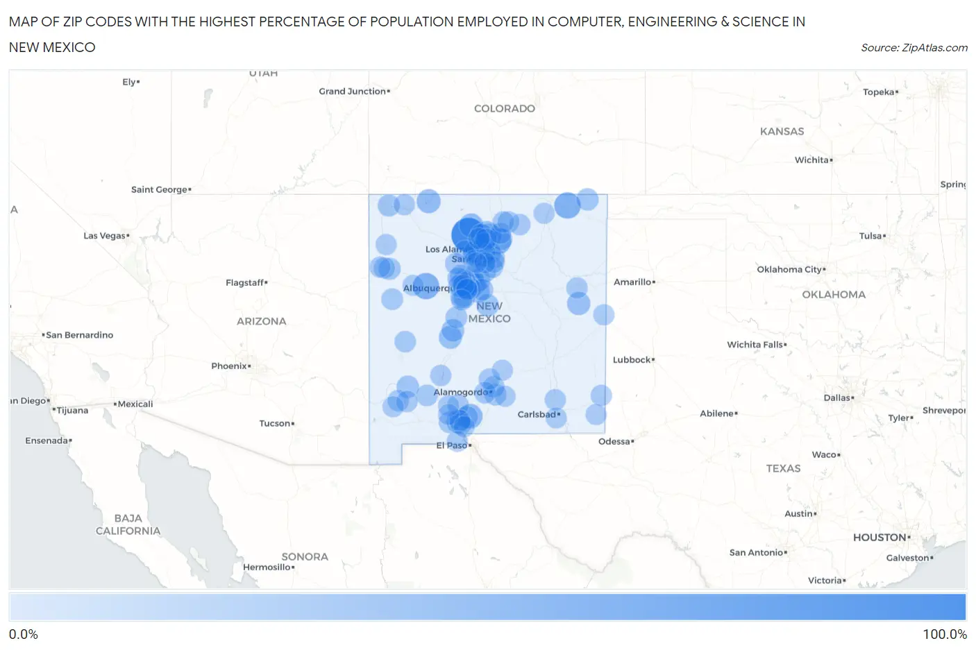 Zip Codes with the Highest Percentage of Population Employed in Computer, Engineering & Science in New Mexico Map