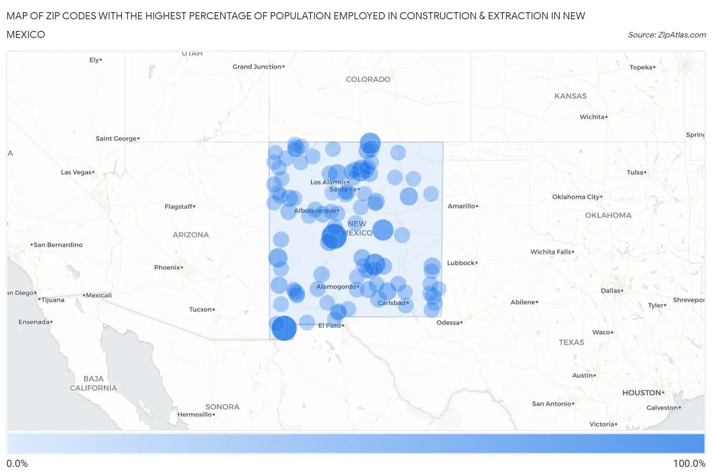 Zip Codes with the Highest Percentage of Population Employed in Construction & Extraction in New Mexico Map