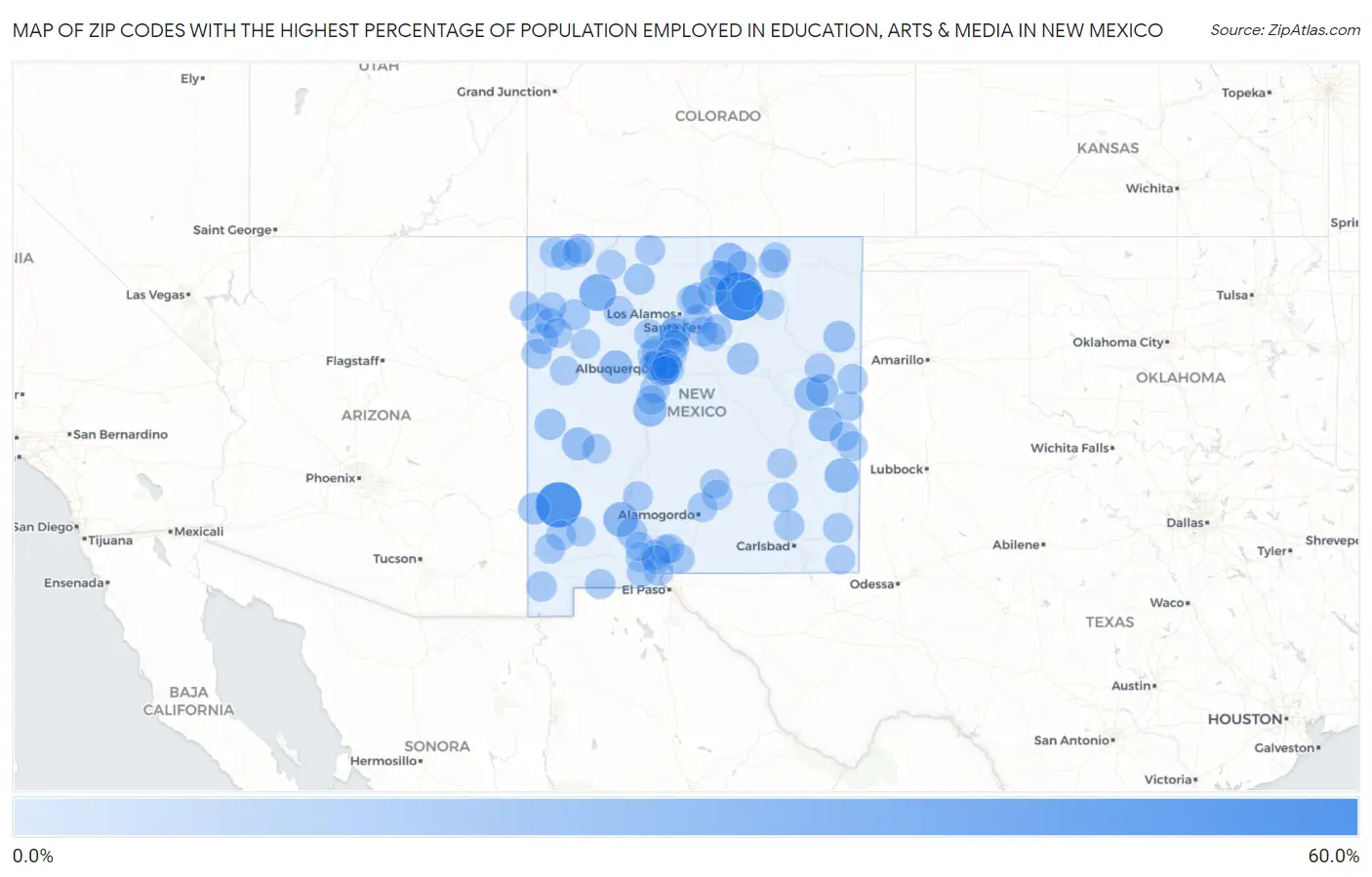 Zip Codes with the Highest Percentage of Population Employed in Education, Arts & Media in New Mexico Map