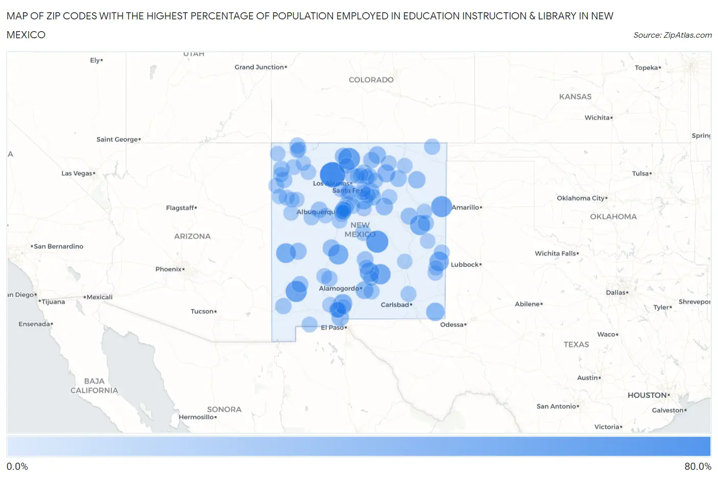 Zip Codes with the Highest Percentage of Population Employed in Education Instruction & Library in New Mexico Map