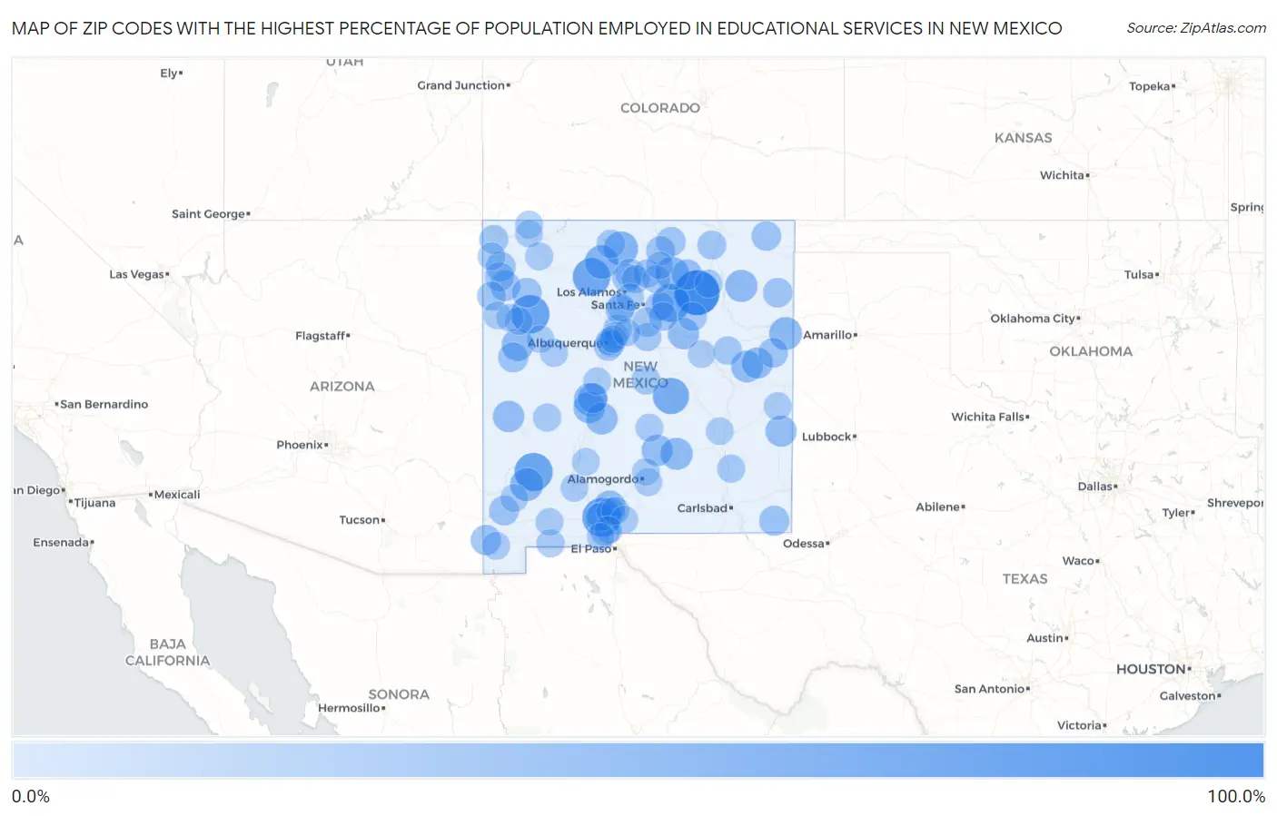 Zip Codes with the Highest Percentage of Population Employed in Educational Services in New Mexico Map