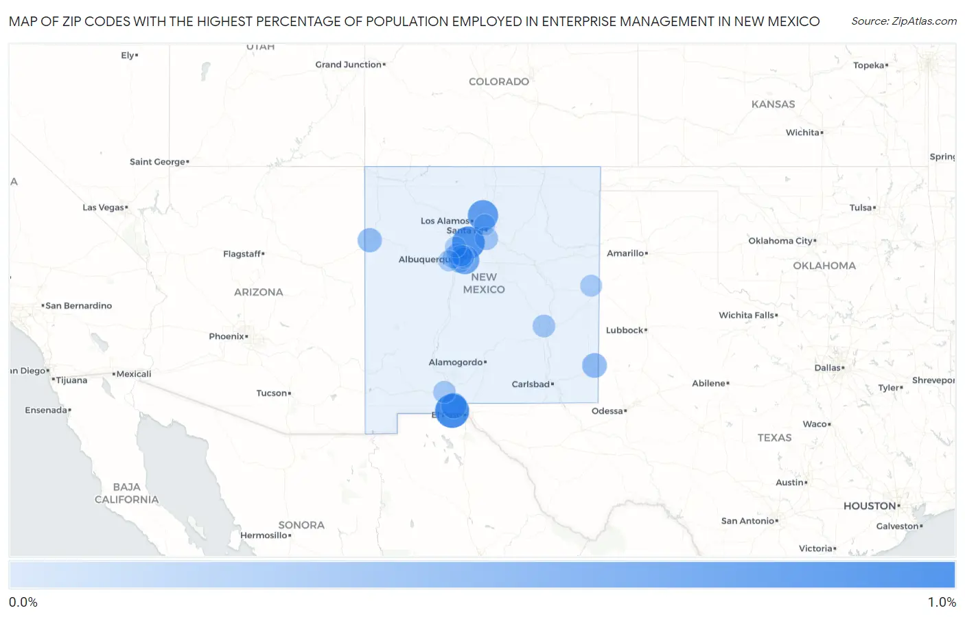 Zip Codes with the Highest Percentage of Population Employed in Enterprise Management in New Mexico Map