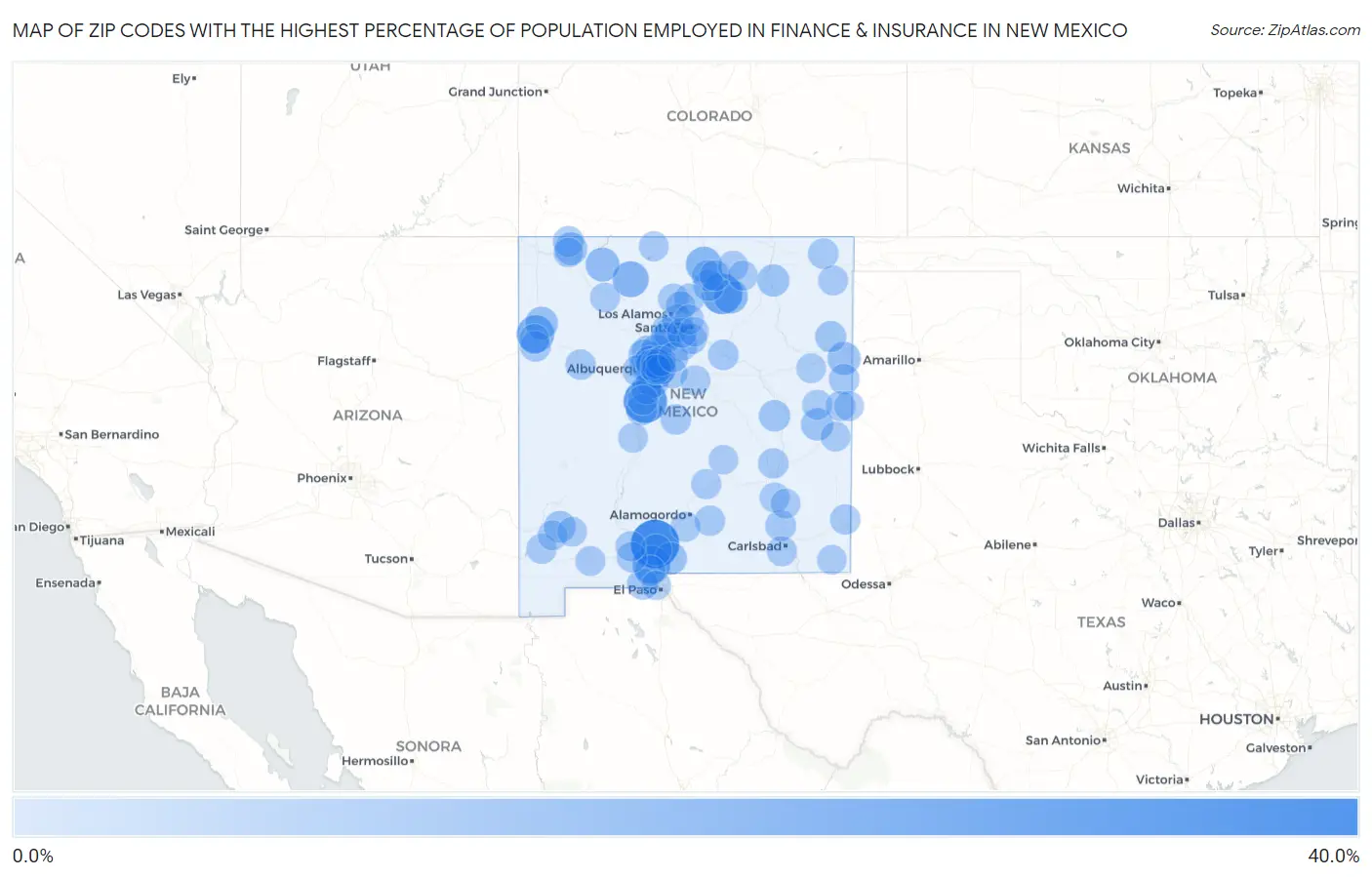 Zip Codes with the Highest Percentage of Population Employed in Finance & Insurance in New Mexico Map