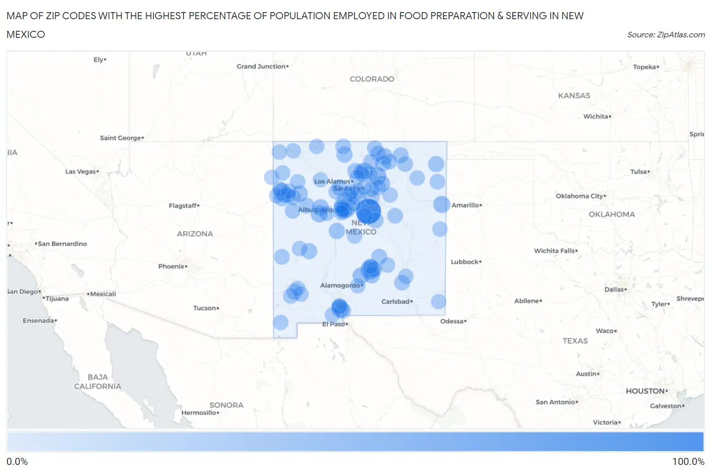 Zip Codes with the Highest Percentage of Population Employed in Food Preparation & Serving in New Mexico Map