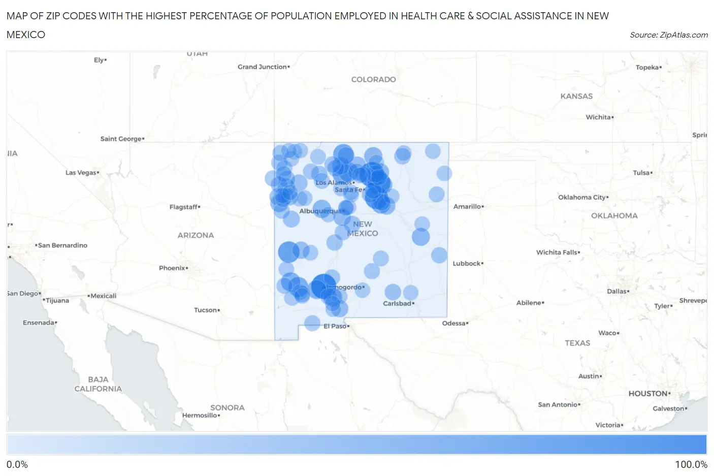 Zip Codes with the Highest Percentage of Population Employed in Health Care & Social Assistance in New Mexico Map