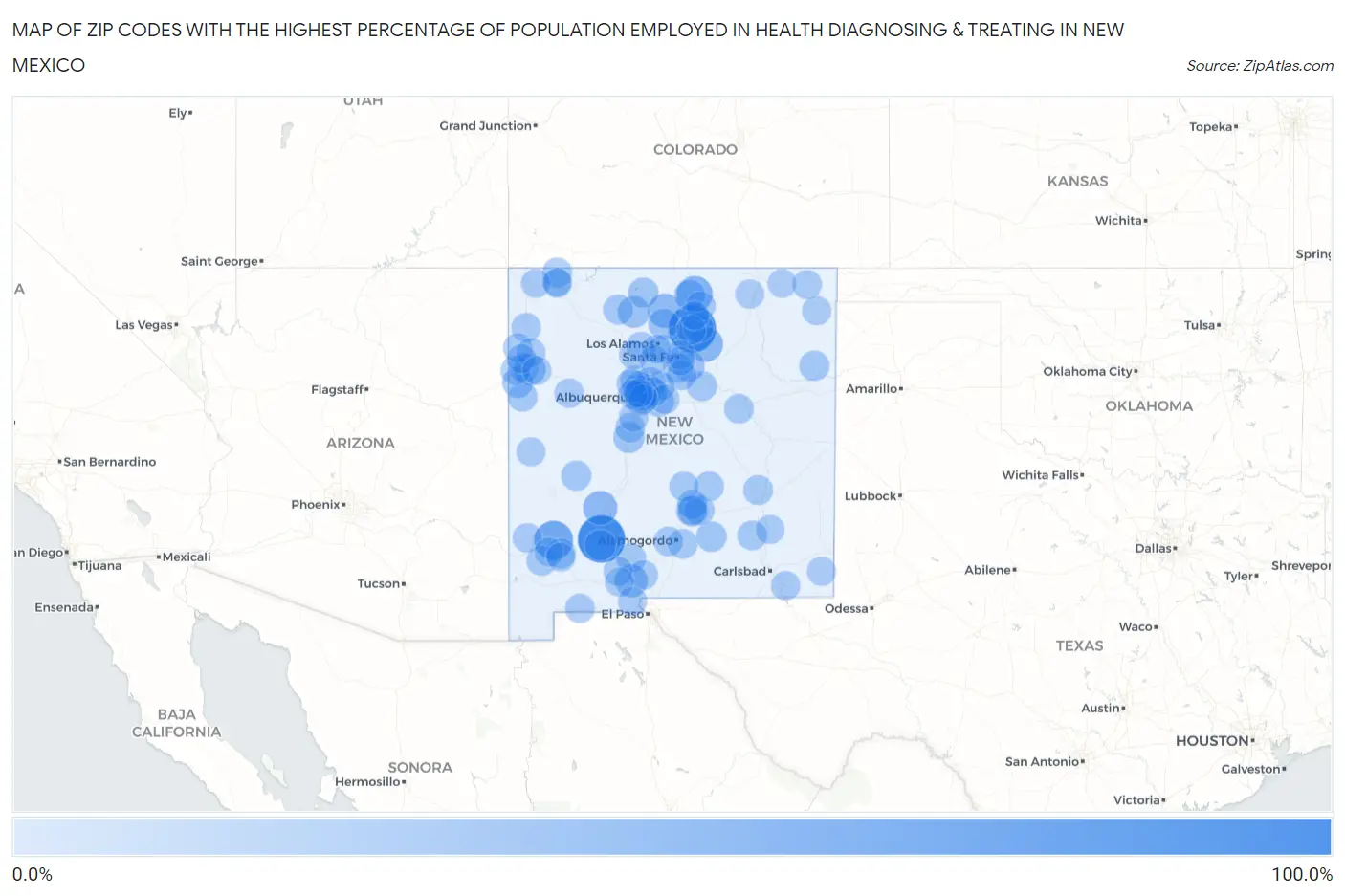Zip Codes with the Highest Percentage of Population Employed in Health Diagnosing & Treating in New Mexico Map