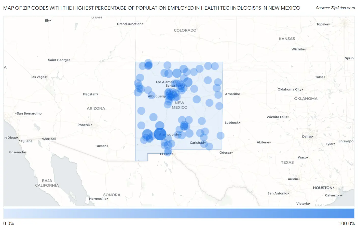 Zip Codes with the Highest Percentage of Population Employed in Health Technologists in New Mexico Map