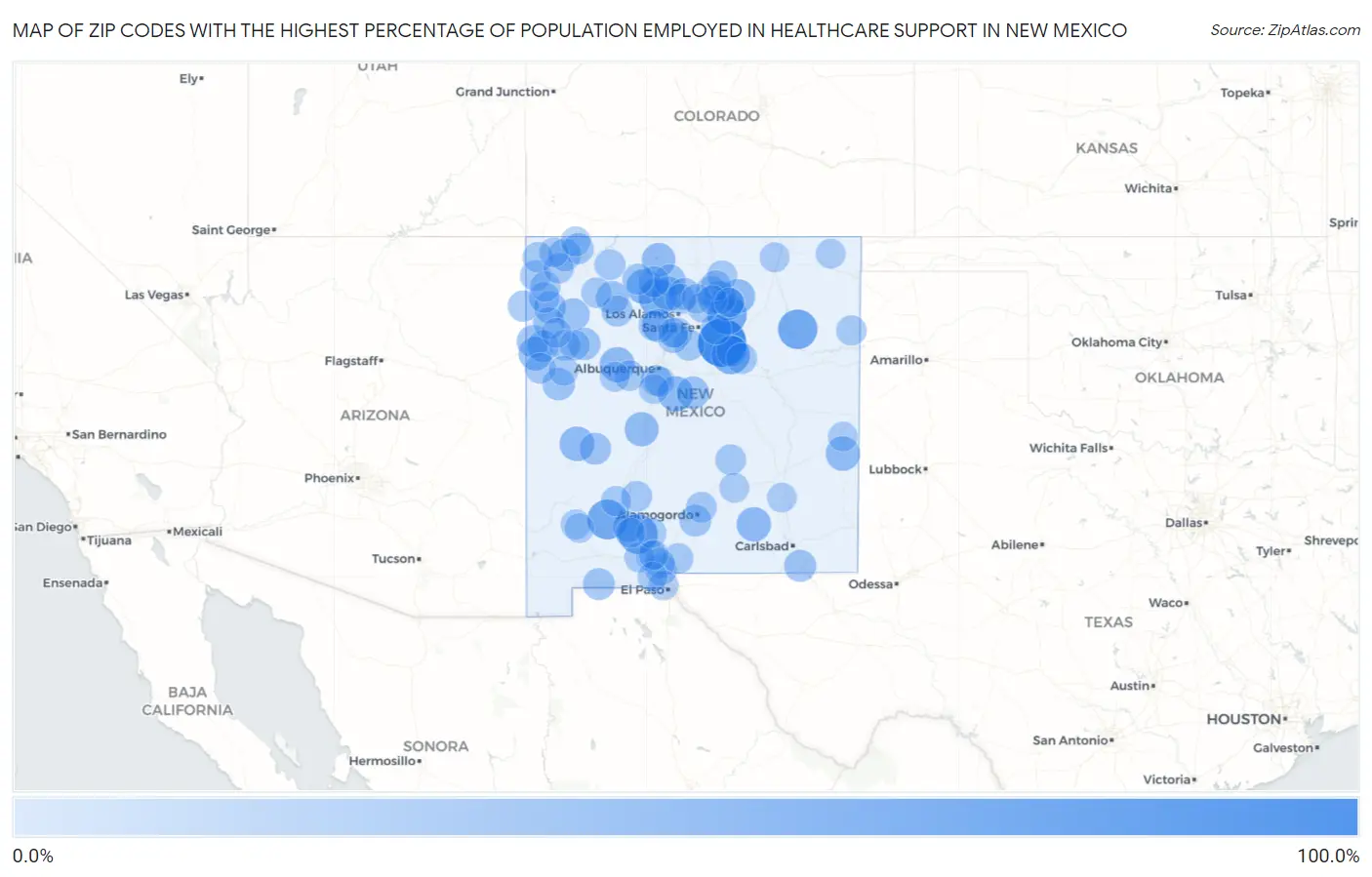 Zip Codes with the Highest Percentage of Population Employed in Healthcare Support in New Mexico Map