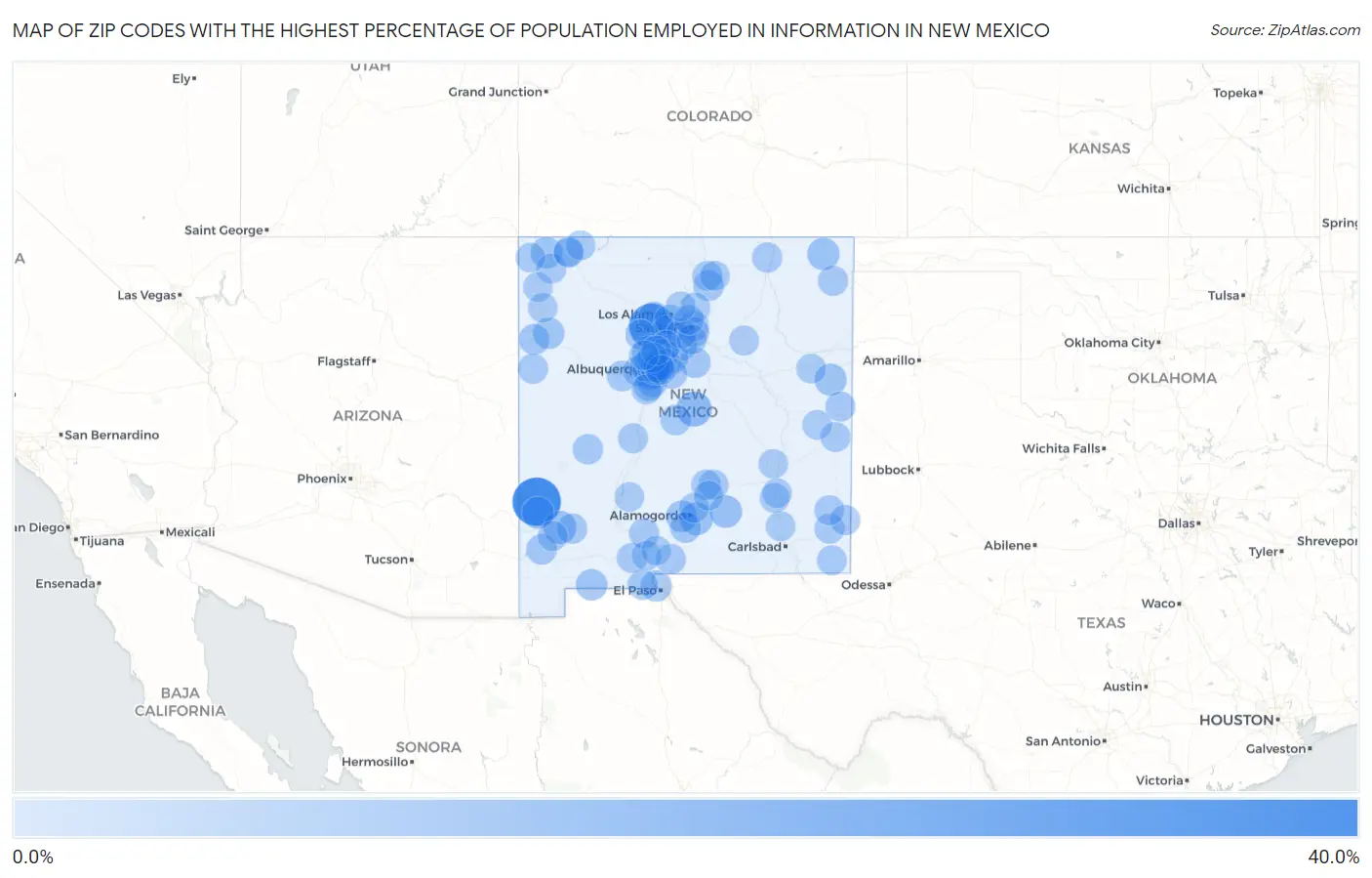 Zip Codes with the Highest Percentage of Population Employed in Information in New Mexico Map