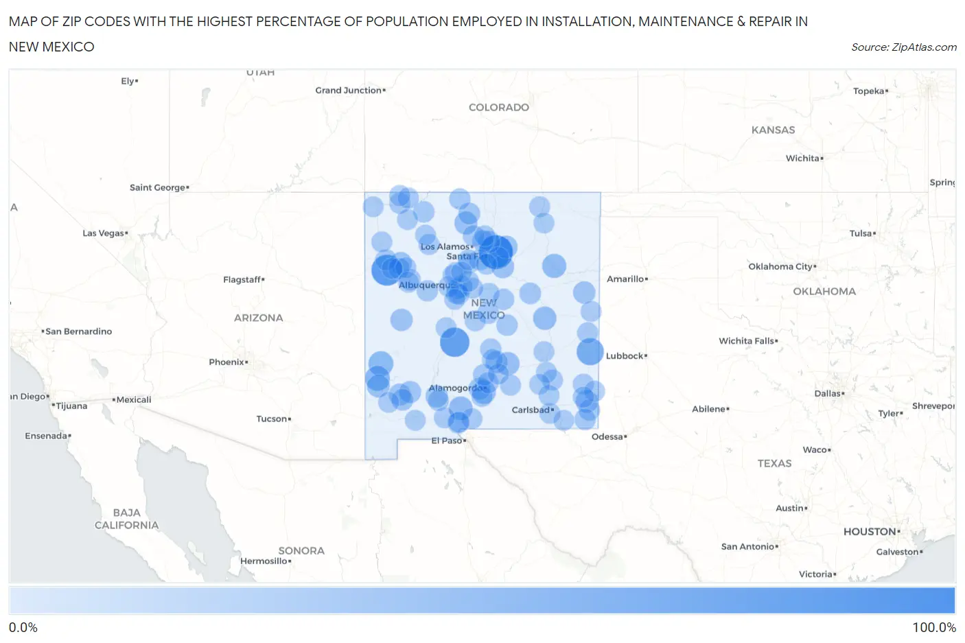 Zip Codes with the Highest Percentage of Population Employed in Installation, Maintenance & Repair in New Mexico Map