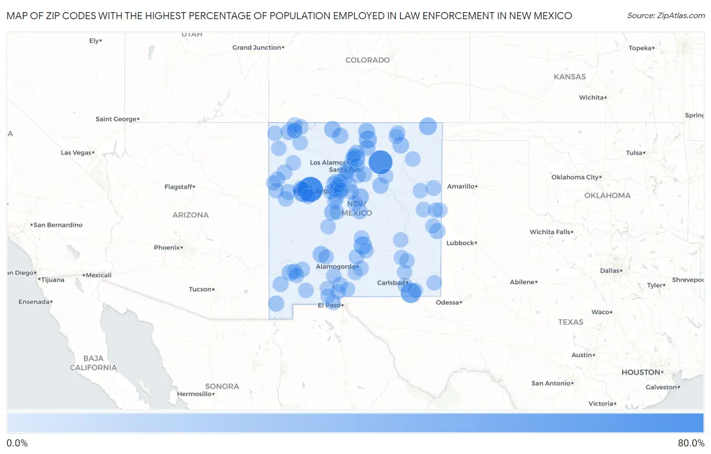 Zip Codes with the Highest Percentage of Population Employed in Law Enforcement in New Mexico Map