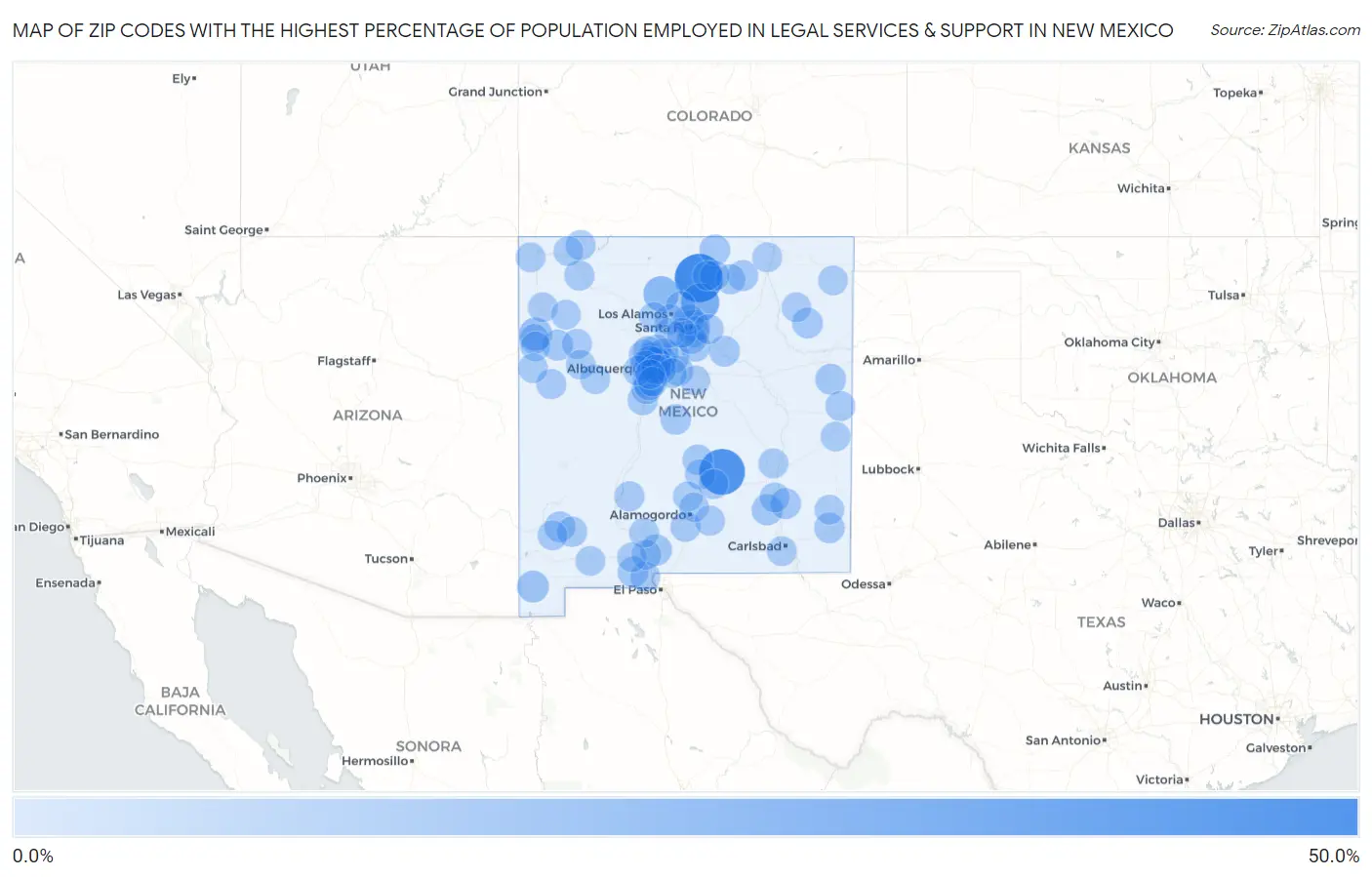 Zip Codes with the Highest Percentage of Population Employed in Legal Services & Support in New Mexico Map