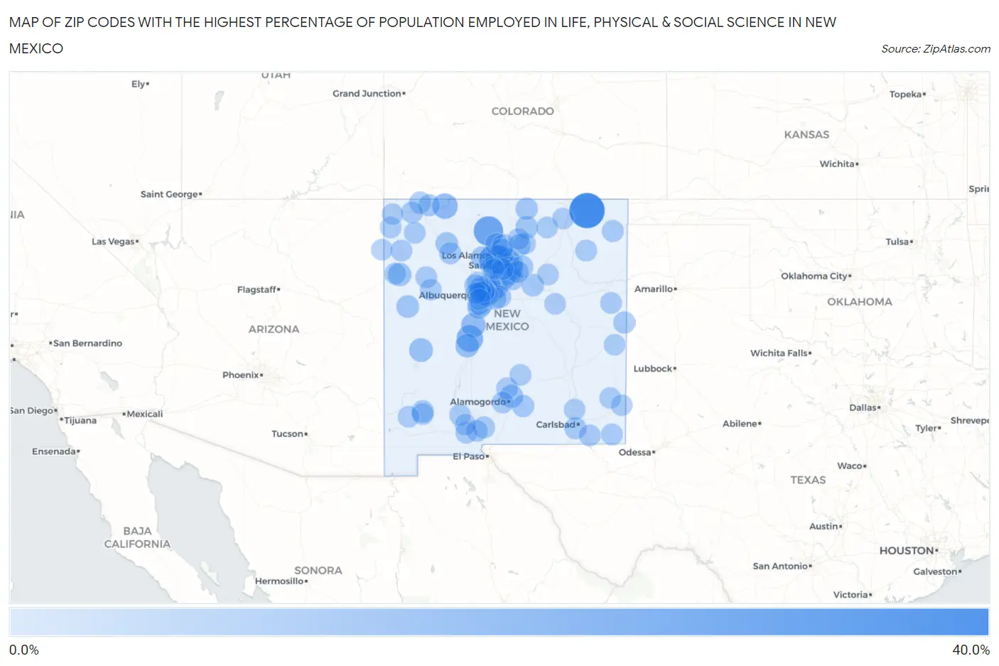 Zip Codes with the Highest Percentage of Population Employed in Life, Physical & Social Science in New Mexico Map