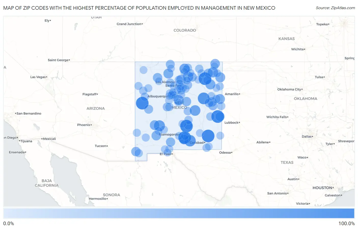 Zip Codes with the Highest Percentage of Population Employed in Management in New Mexico Map
