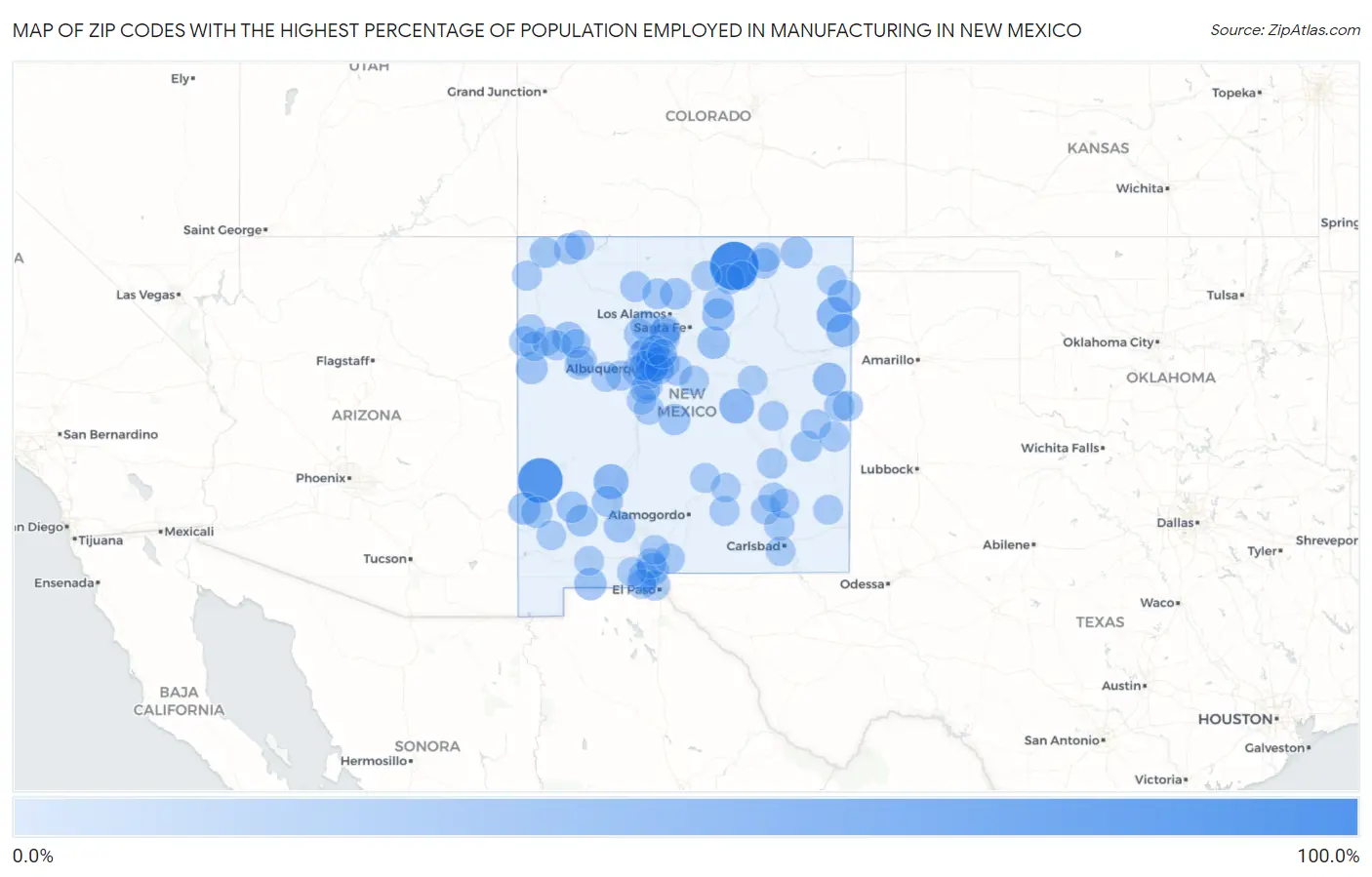 Zip Codes with the Highest Percentage of Population Employed in Manufacturing in New Mexico Map
