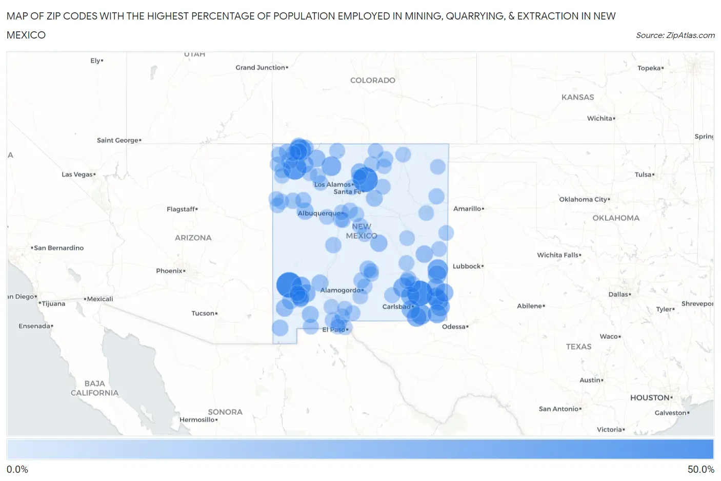 Zip Codes with the Highest Percentage of Population Employed in Mining, Quarrying, & Extraction in New Mexico Map